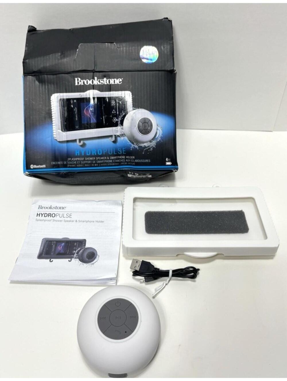 Brookstone Hydropulse Splash Proof Speaker with Shower Phone Holder Audio **READ